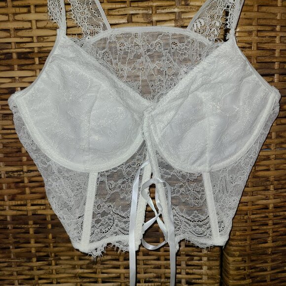 Boho Rock Moto Boho White Sheer Lace Crop Top Corset Underwire Boning SZ L Laced - Picture 2 of 6